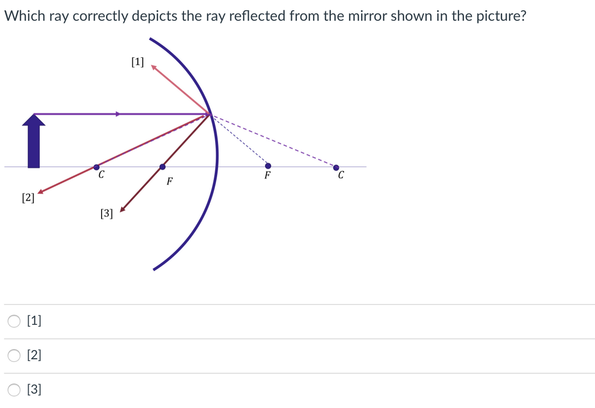 Which ray correctly depicts the ray reflected from the mirror shown in the picture?
[1]
↑
F
[2]
[3]
[1]
[2]
[3]
