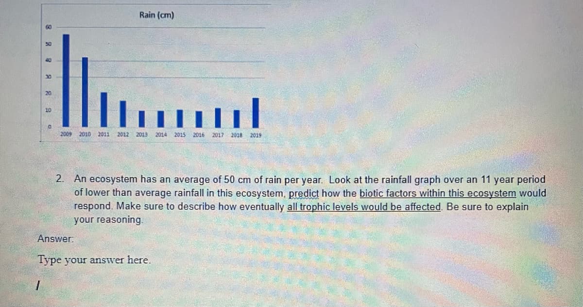 Rain (cm)
60
50
40
30
20
10
2009
2010
2011
2012
2013
2014
2015
2016
2017 2018 2019
2.
An ecosystem has an average of 50 cm of rain per year. Look at the rainfall graph over an 11 year period
of lower than average rainfall in this ecosystem, predict how the biotic factors within this ecosystem would
respond. Make sure to describe how eventually all trophic levels would be affected. Be sure to explain
your reasoning
Answer:
Type your answer here.
