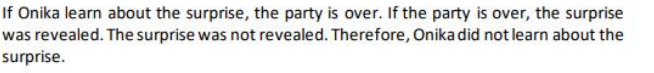 If Onika learn about the surprise, the party is over. If the party is over, the surprise
was revealed. The surprise was not revealed. Therefore, Onika did not learn about the
surprise.
