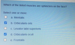 Which of the listed muscles are sphincters on the face?
Select one or more
a. Mentalis
b. Orbicularis orts
c. Levator labi superioris
d. Orbicularis oculi
e. Frontalis
