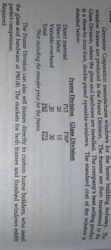 10.1E
Greystone Corporation manufactures windows for the home building industry
window frames are produced in the Frame Division. The frames are then transferred he
Glass Division, where the glass and hardware are installed. The company's best selling prođua
is a three-by-four-foot, double-paned operable-windows. The standard cost of the windowe
detailed below:
Frame Division Glass Division
Direct material
P15
P30*
Direct labor
20
15
Variable overhead
30
P75
*Not including the transfer price for the frame.
30
Total
P65
The Frame Division can also sell frames directly to custom home builders, who install
the glass and hardware at P80.00. The markets for both frames and finished windows exhibit
perfect competition.
Required:
