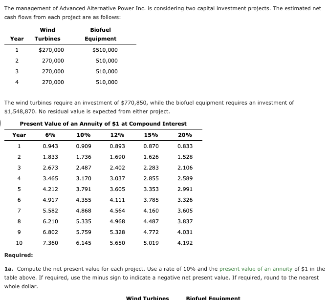The management of Advanced Alternative Power Inc. is considering two capital investment projects. The estimated net
cash flows from each project are as follows:
Wind
Biofuel
Year
Turbines
Equipment
$270,000
$510,000
2
270,000
510,000
3
270,000
510,000
4
270,000
510,000
The wind turbines require an investment of $770,850, while the biofuel equipment requires an investment of
$1,548,870. No residual value is expected from either project.
Present Value of an Annuity of $1 at Compound Interest
Year
6%
10%
12%
15%
20%
1
0.943
0.909
0.893
0.870
0.833
2
1.833
1.736
1.690
1.626
1.528
2.673
2.487
2.402
2.283
2.106
4
3.465
3.170
3.037
2.855
2.589
4.212
3.791
3.605
3.353
2.991
6
4.917
4.355
4.111
3.785
3.326
7
5.582
4.868
4.564
4.160
3.605
6.210
5.335
4.968
4.487
3.837
9
6.802
5.759
5.328
4.772
4.031
10
7.360
6.145
5.650
5.019
4.192
Required:
la. Compute the net present value for each project. Use a rate of 10% and the present value of an annuity of $1 in the
table above. If required, use the minus sign to indicate a negative net present value. If required, round to the nearest
whole dollar.
Wind Turbines
Biofuel Equipment
3.
co
