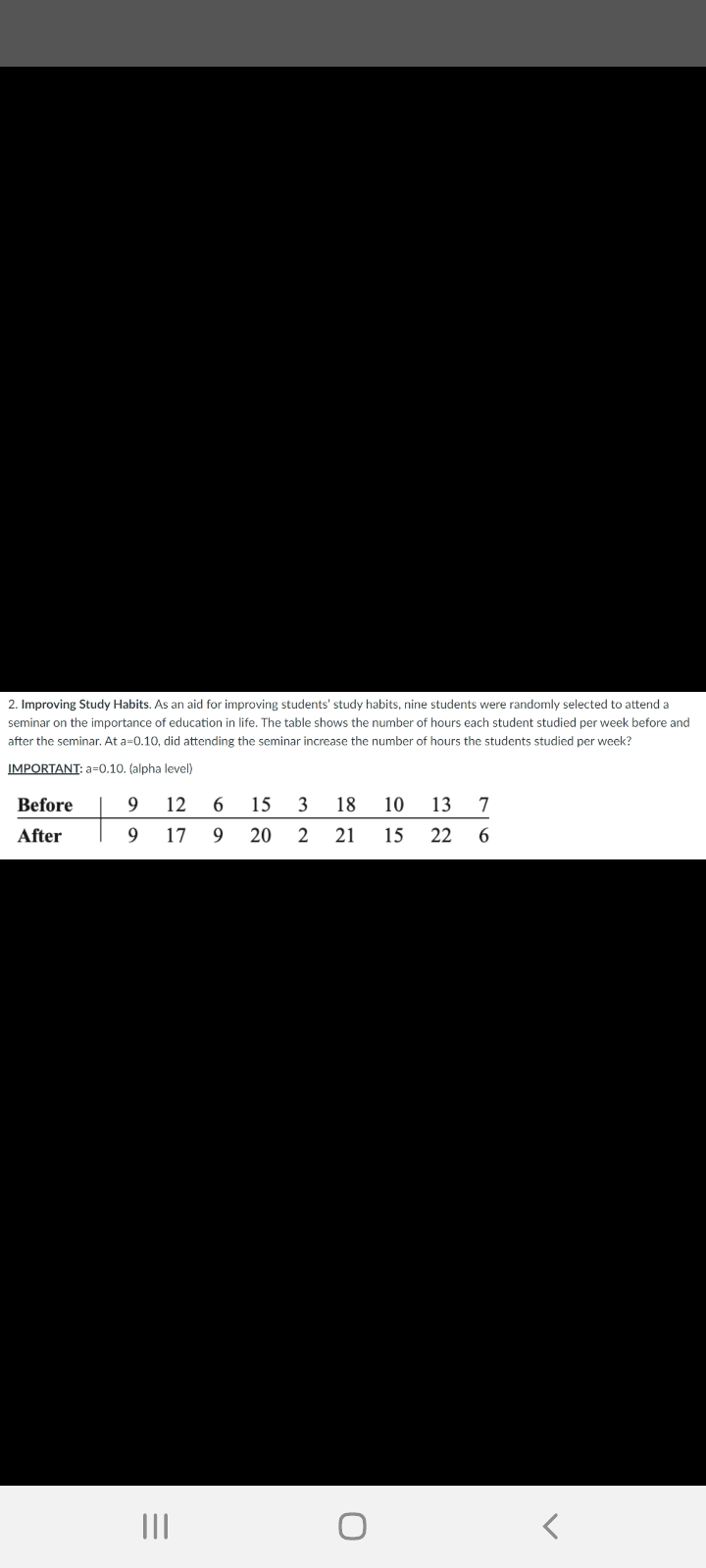 2. Improving Study Habits. As an aid for improving students' study habits, nine students were randomly selected to attend a
seminar on the importance of education in life. The table shows the number of hours each student studied per week before and
after the seminar. At a=0.10, did attending the seminar increase the number of hours the students studied per week?
IMPORTANT: a=0.10. (alpha level)
Before
12
15
3
18
10
13
7
After
9.
17
20
2
21
15
22
II
