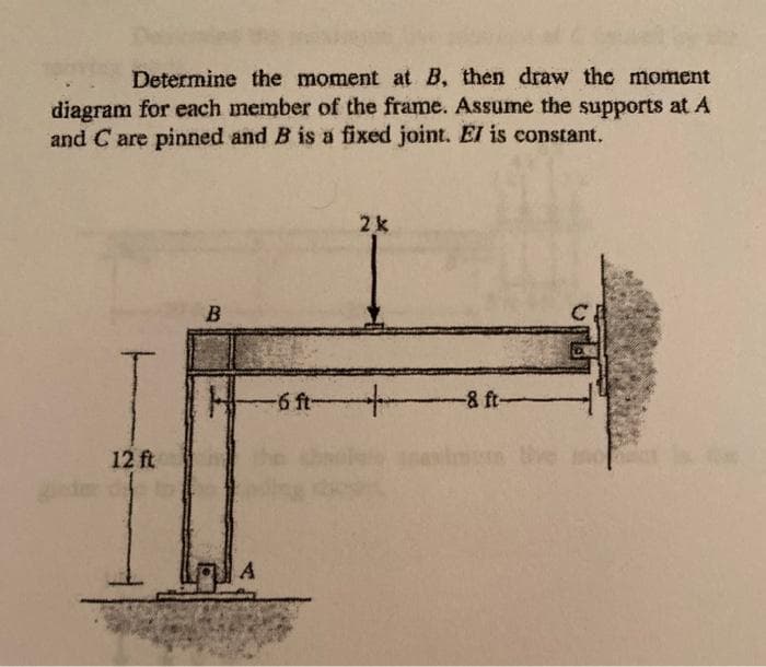 Determine the moment at B, then draw the moment
diagram for each member of the frame. Assume the supports at A
and C are pinned and B is a fixed joint. El is constant.
B
2 k
12 ft
6 ft-
-6 ft 8 ft-
A
CE