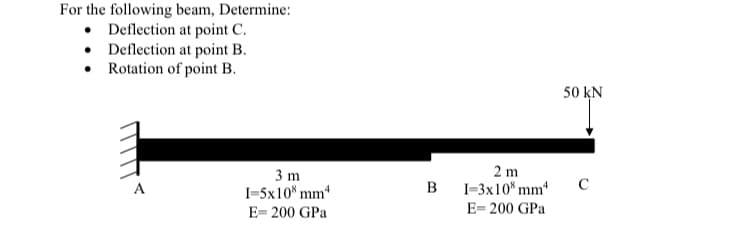 For the following beam, Determine:
• Deflection at point C.
• Deflection at point B.
• Rotation of point B.
50 kN
3 m
2 m
A
I=5x10* mm
B
I=3x10* mm*
C
E= 200 GPa
E= 200 GPa
