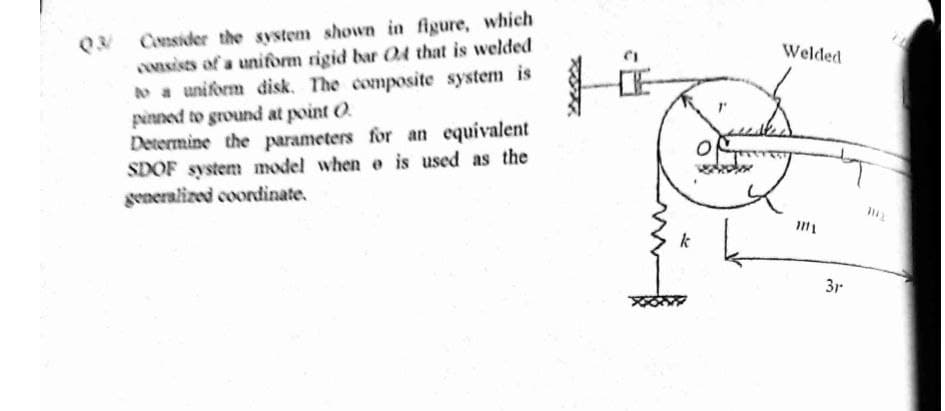 Consider the system shown in figure, which
onsists of a uniform rigid bar O4 that is welded
o a uniform disk. The composite system is
pinned to ground at point O.
Determine the parameters for an equivalent
SDOF system model when e is used as the
generalized coordinate.
Welded
k
3r
