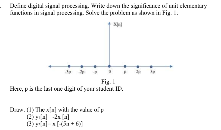 Define digital signal processing. Write down the significance of unit elementary
functions in signal processing. Solve the problem as shown in Fig. 1:
X[n]
-3p -2p
P 0
2p
Зр
Fig. 1
Here, p is the last one digit of your student ID.
Draw: (1) The x[n] with the value of p
(2) yı[n]= -2x [n]
(3) y2[n]= x [-(5n ±6)]
