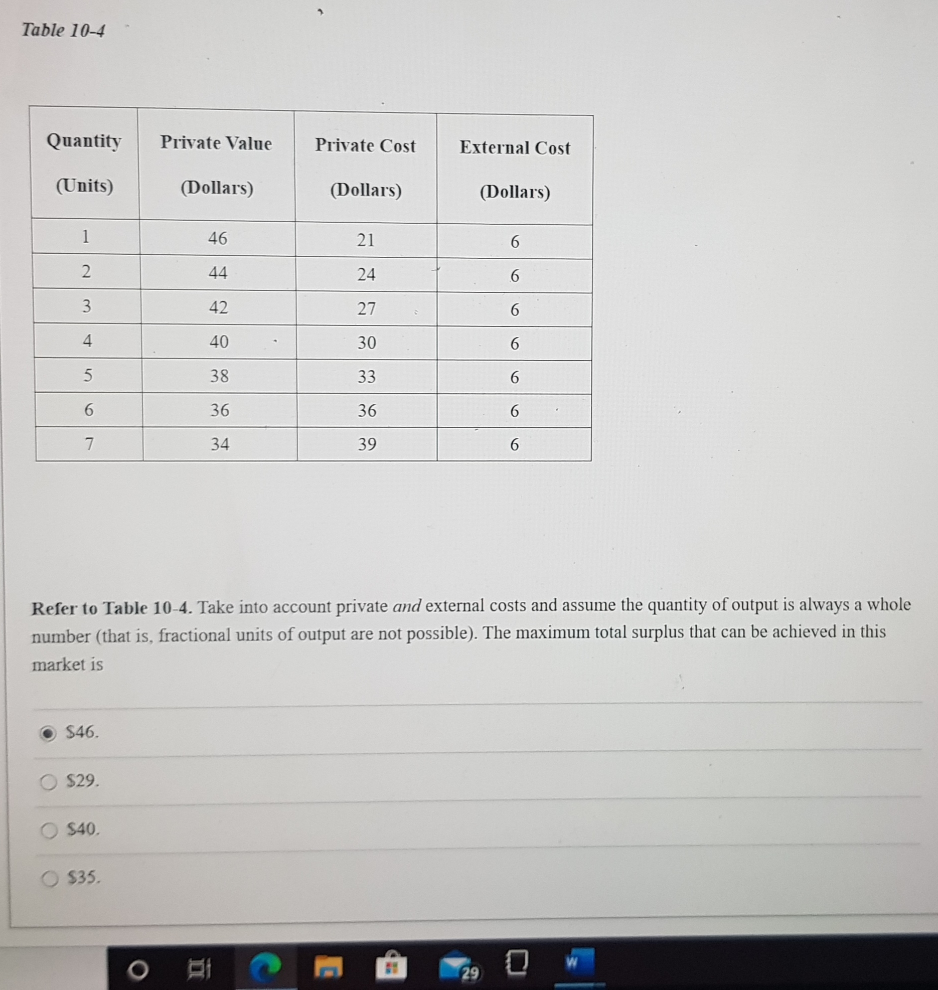 Quantity
Private Value
Private Cost
External Cost
(Units)
(Dollars)
(Dollars)
(Dollars)
1
46
21
6.
44
24
6.
3
42
27
40
30
5
38
33
6.
36
36
7
34
39
6.
Refer to Table 10-4. Take into account private and external costs and assume the quantity of output is always a whole-
number (that is, fractional units of output are not possible). The maximum total surplus that can be achieved in this
market is
$46.
$29.
O $40.
$35.
4)
