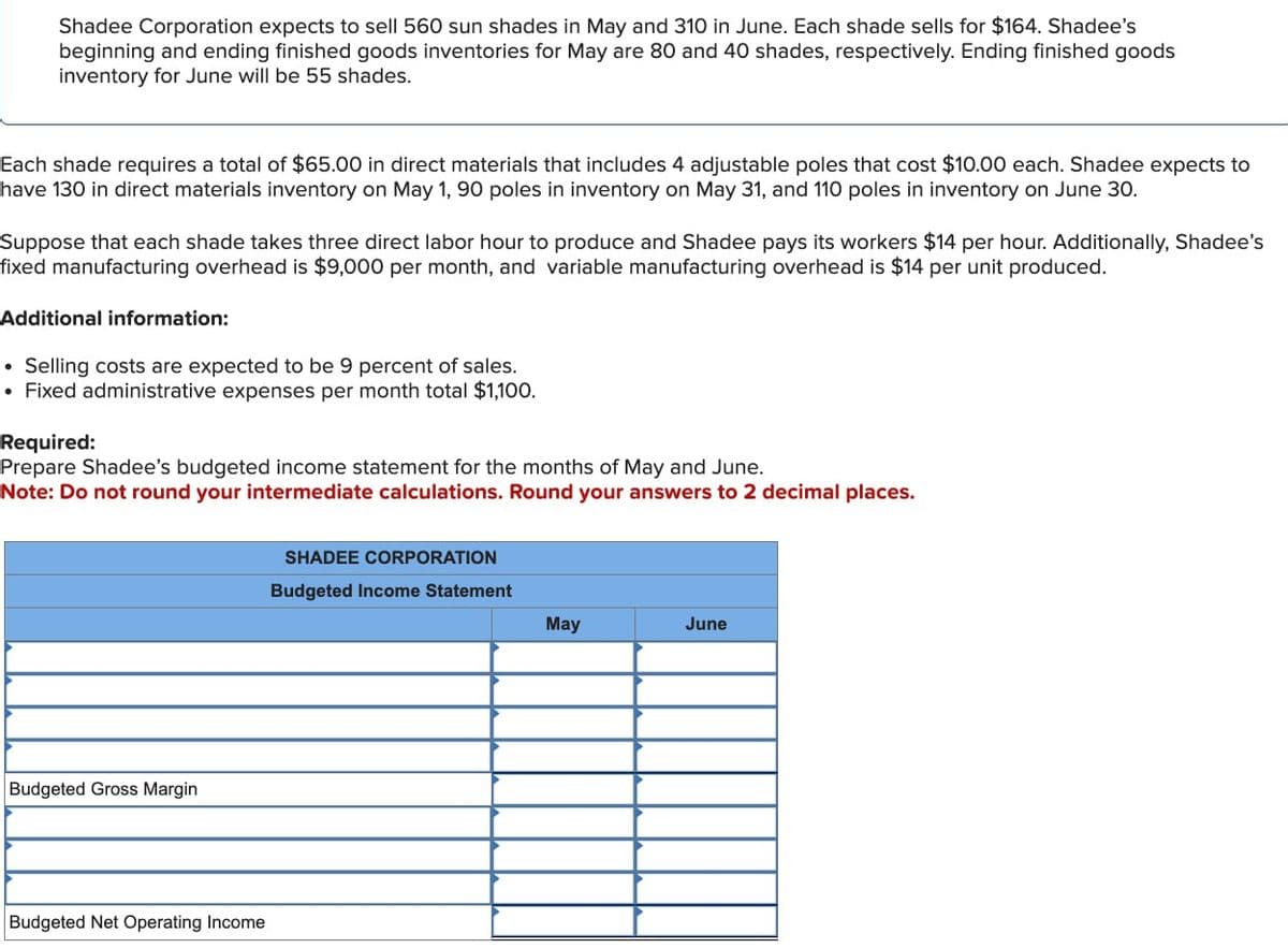 Shadee Corporation expects to sell 560 sun shades in May and 310 in June. Each shade sells for $164. Shadee's
beginning and ending finished goods inventories for May are 80 and 40 shades, respectively. Ending finished goods
inventory for June will be 55 shades.
Each shade requires a total of $65.00 in direct materials that includes 4 adjustable poles that cost $10.00 each. Shadee expects to
have 130 in direct materials inventory on May 1, 90 poles in inventory on May 31, and 110 poles in inventory on June 30.
Suppose that each shade takes three direct labor hour to produce and Shadee pays its workers $14 per hour. Additionally, Shadee's
fixed manufacturing overhead is $9,000 per month, and variable manufacturing overhead is $14 per unit produced.
Additional information:
• Selling costs are expected to be 9 percent of sales.
• Fixed administrative expenses per month total $1,100.
Required:
Prepare Shadee's budgeted income statement for the months of May and June.
Note: Do not round your intermediate calculations. Round your answers to 2 decimal places.
Budgeted Gross Margin
Budgeted Net Operating Income
SHADEE CORPORATION
Budgeted Income Statement
May
June