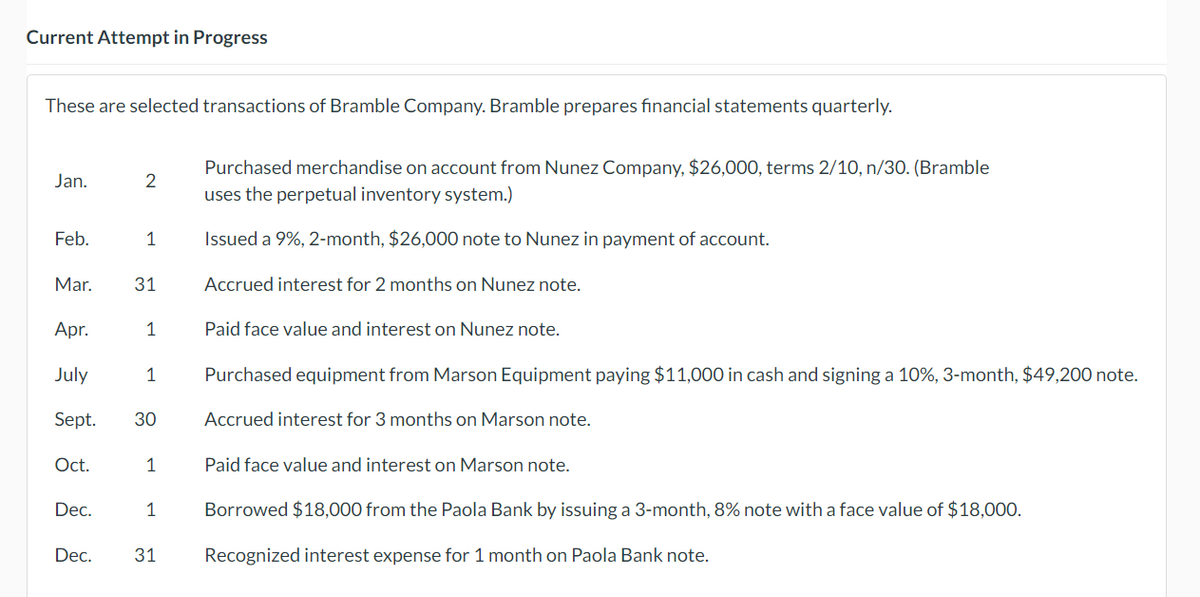 Current Attempt in Progress
These are selected transactions of Bramble Company. Bramble prepares financial statements quarterly.
Jan.
Feb.
Mar.
Dec.
2
Dec.
1
31
Apr.
July
Sept. 30
Oct.
1
1
1
1
31
Purchased merchandise on account from Nunez Company, $26,000, terms 2/10, n/30. (Bramble
uses the perpetual inventory system.)
Issued a 9%, 2-month, $26,000 note to Nunez in payment of account.
Accrued interest for 2 months on Nunez note.
Paid face value and interest on Nunez note.
Purchased equipment from Marson Equipment paying $11,000 in cash and signing a 10%, 3-month, $49,200 note.
Accrued interest for 3 months on Marson note.
Paid face value and interest on Marson note.
Borrowed $18,000 from the Paola Bank by issuing a 3-month, 8% note with a face value of $18,000.
Recognized interest expense for 1 month on Paola Bank note.