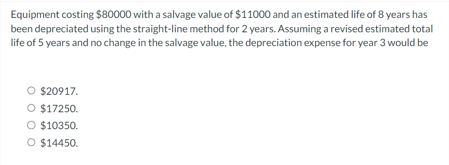 ### Depreciation Calculation Example

**Problem:**

Equipment costing $80,000 with a salvage value of $11,000 and an estimated life of 8 years has been depreciated using the straight-line method for 2 years. Assuming a revised estimated total life of 5 years and no change in the salvage value, the depreciation expense for year 3 would be:

- $20,917.
- $17,250.
- $10,350.
- $14,450.

**Solution Steps:**

1. **Calculate Original Annual Depreciation:**
   - Cost of Equipment: $80,000
   - Salvage Value: $11,000
   - Estimated Life: 8 years
   
   \[
   \text{Annual Depreciation} = \frac{\text{Cost} - \text{Salvage Value}}{\text{Estimated Life}} = \frac{80,000 - 11,000}{8} = \frac{69,000}{8} = \$8,625
   \]

2. **Determine Total Depreciation for First 2 Years:**
   \[
   \text{Total Depreciation (2 years)} = 8,625 \times 2 = \$17,250
   \]

3. **Calculate Revised Depreciation Expense:**
   - Remaining Value at Start of Year 3 (after 2 years of depreciation):
   
     \[
     \text{Remaining Value} = \text{Cost} - \text{Accumulated Depreciation} = 80,000 - 17,250 = \$62,750
     \]
   
   - Revised Remaining Life: 5 years (total) - 2 years (already depreciated) = 3 years
   
   - Revised Annual Depreciation:
   
     \[
     \text{Revised Annual Depreciation} = \frac{\text{Remaining Value} - \text{Salvage Value}}{\text{Revised Remaining Life}} = \frac{62,750 - 11,000}{3} = \frac{51,750}{3} = \$17,250
     \]

**Answer:**

\[
\$17,250
\]

**Correct Choice:**

- $17,250.