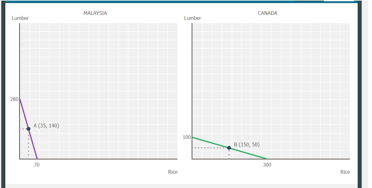 Lumber
280
A (35, 140)
70
MALAYSIA
Rice
Lumber
100
CANADA
B (150, 50)
300
Rice