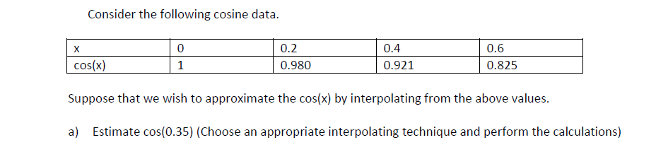 Consider the following cosine data.
0
1
0.2
0.980
0.4
0.921
0.6
0.825
X
cos(x)
Suppose that we wish to approximate the cos(x) by interpolating from the above values.
a) Estimate cos(0.35) (Choose an appropriate interpolating technique and perform the calculations)