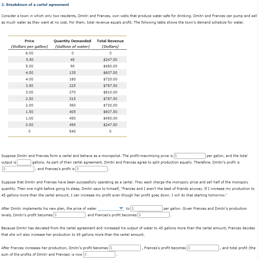 3. Breakdown of a cartel agreement
Consider a town in which only two residents, Dmitri and Frances, own wells that produce water safe for drinking. Dmitri and Frances can pump and sell
as much water as they want at no cost. For them, total revenue equals profit. The following table shows the town's demand schedule for water.
Price
Quantity Demanded Total Revenue
(Dollars per gallon)
(Gallons of water)
(Dollars)
6.00
5.50
45
$247.50
5.00
90
$450.00
4.50
135
$607.50
4.00
180
$720.00
3.50
225
$787.50
3.00
270
$810.00
2.50
315
$787.50
2.00
360
$720.00
1.50
405
$607.50
1.00
450
$450.00
0.50
495
$247.50
540
Suppose Dmitri and Frances form a cartel and behave as a monopolist. The profit-maximizing price is S
per gallon, and the total
gallons. As part of their cartel agreement, Dmitri and Frances agree to split production equally. Therefore, Dmitri's profit is
and Frances's profit is S
output is
%24
Suppose that Dmitri and Frances have been successfully operating as a cartel. They each charge the monopoly price and sell half of the monopoly
quantity. Then one night before going to sleep, Dmitri says to himself, "Frances and I aren't the best of friends anyway. If I increase my production to
45 gallons more than the cartel amount, I can increase my profit even though her profit goes down. I will do that starting tomorrow."
After Dmitri implements his new plan, the price of water
levels, Dmitri's profit becomes S
to $
per gallon. Given Frances and Dmitri's production
and Frances's profit becomes $
Because Dmitri has deviated from the cartel agreement and increased his output of water to 45 gallons more than the cartel amount, Frances decides
that she will also increase her production to 45 gallons more than the cartel amount.
After Frances increases her production, Dmitri's profit becomes s
sum of the profits of Dmitri and Frances) is now s
Frances's profit becomes
and total profit (the
