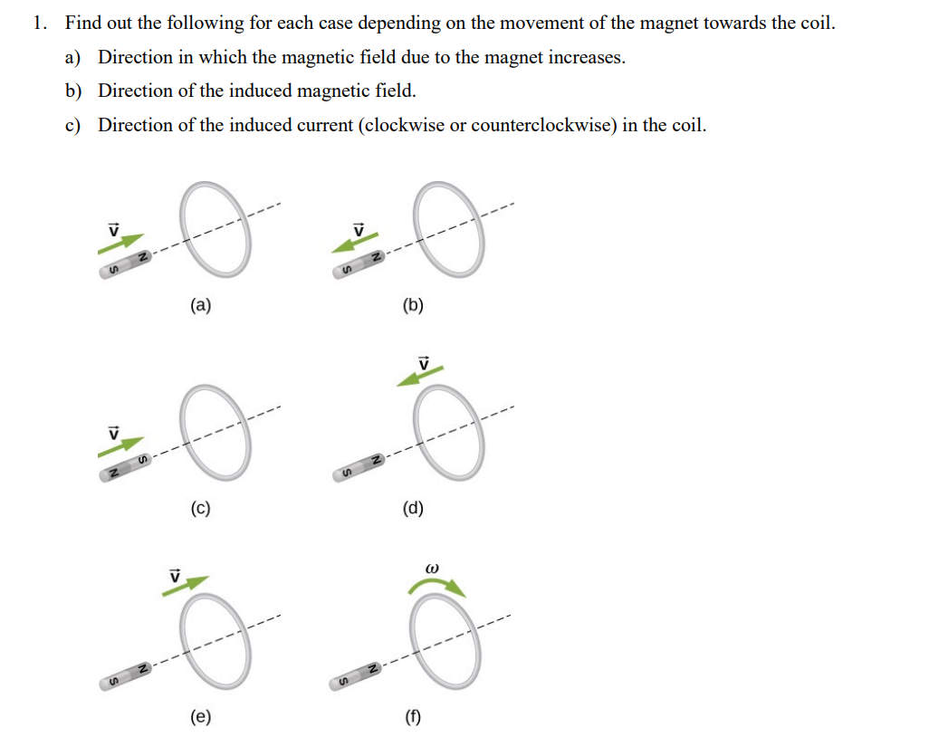 1. Find out the following for each case depending on the movement of the magnet towards the coil.
a) Direction in which the magnetic field due to the magnet increases.
b) Direction of the induced magnetic field.
c) Direction of the induced current (clockwise or counterclockwise) in the coil.
V
Ө
(a)
Ө
V
(c)
(e)
Ө
(b)
O
(d)
(f)
@