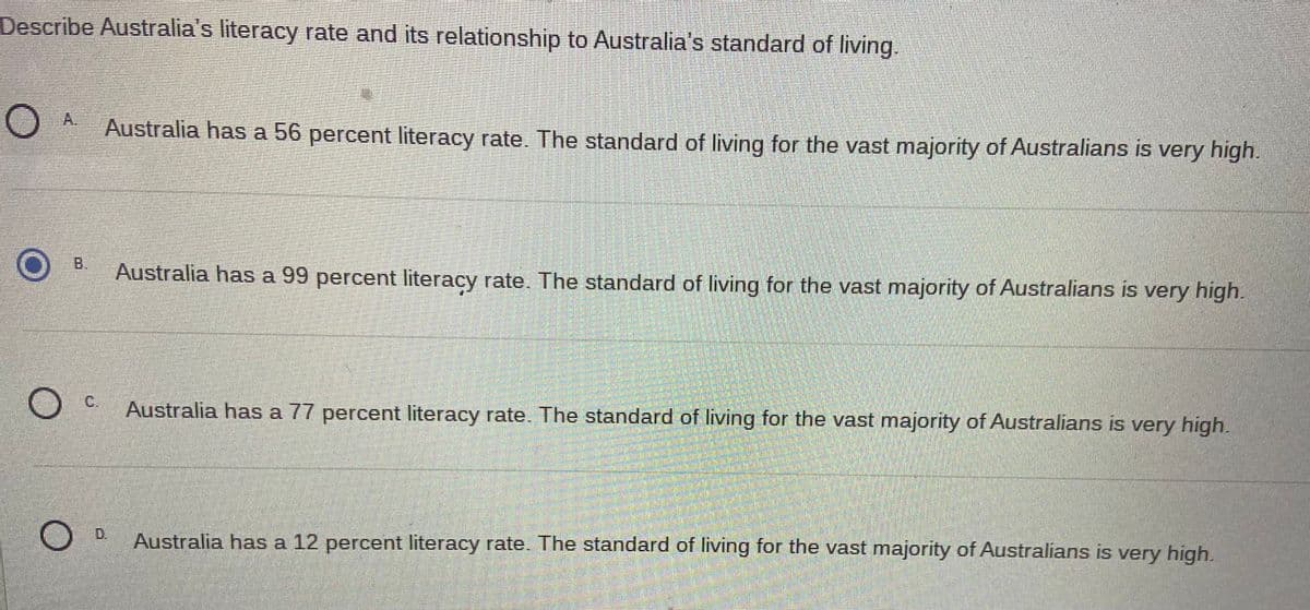 Describe Australia's literacy rate and its relationship to Australia's standard of living.
Australia has a 56 percent literacy rate. The standard of living for the vast majority of Australians is very high.
O
Australia has a 99 percent literacy rate. The standard of living for the vast majority of Australians is very high.
O
Australia has a 77 percent literacy rate. The standard of living for the vast majority of Australians is very high.
O
D.
Australia has a 12 percent literacy rate. The standard of living for the vast majority of Australians is very high.