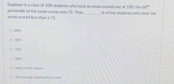 Suppose in a class of 100 students who took an exam scored out of 100, the 68th
percentile of the exam scores was 72. Thus,
_% of the students who took the
exam scored less than a 72.
O 68%
O 32%
O 72%
O 28%
O Nonc of the above
O Not enough information to tell
