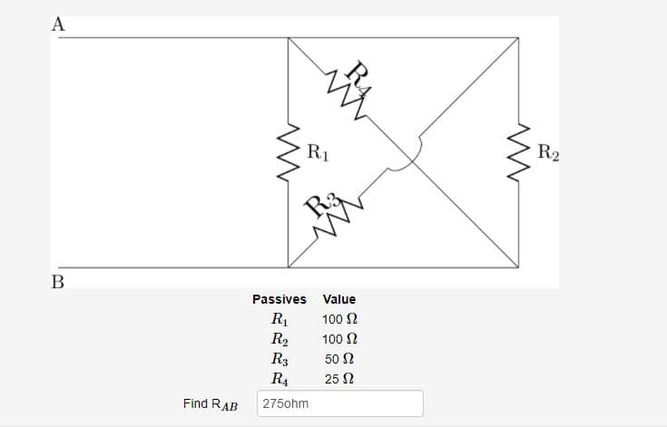 A
R1
R2
B
Passives Value
R1
R2
R3
100 N
100 N
50 N
R4
25 N
Find RAB
275ohm
