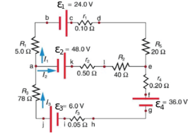 R₁
5.0 Ω
R₂
78 Ω
€ = 24.0 V
0,10 Ω
E2=48.0 V
d
0.50 Ω
| E36ον
pg
1005 Ω h
Μ
R₂
40 Ω
R₂
- 20 Ω
> 0.20 Ω
Ο
= 36.0 V
Ελ