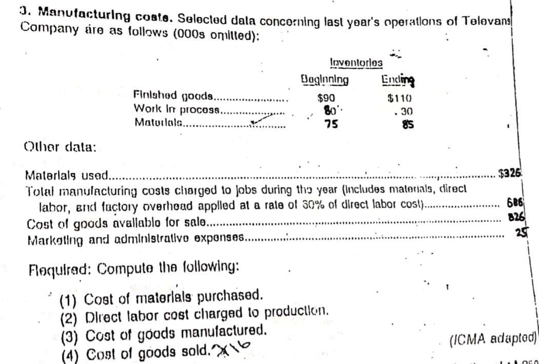 3. ManutacturIng coste. Selected dala concorning last yoar's operatlons of Televans
Company áre as follows (000s omitted):
Inventorlos
Daginning
Ending
Finlshod goods.
Work In procOs...
$90
$110
• 30
85
Maturlals.
75
Other data:
Materlals usead....
$326
Tolal manulacturing costs clarged to Jobs during tho year (Includes malerials, cdirect
labor, and factory overhead applled at a rale of 30% of dlrect labor cost)..
Cost of goods avallablo for sale..
Markoting and administrativo exponses.
686
826
25
Flequirad: Compute the following:
(1) Cost of materlals purchased.
(2) Direct labor cost charged to production.
(3) Cost of goods manufactured.
(4) Cost of goods sold.X
(ICMA adaptod)
O50
