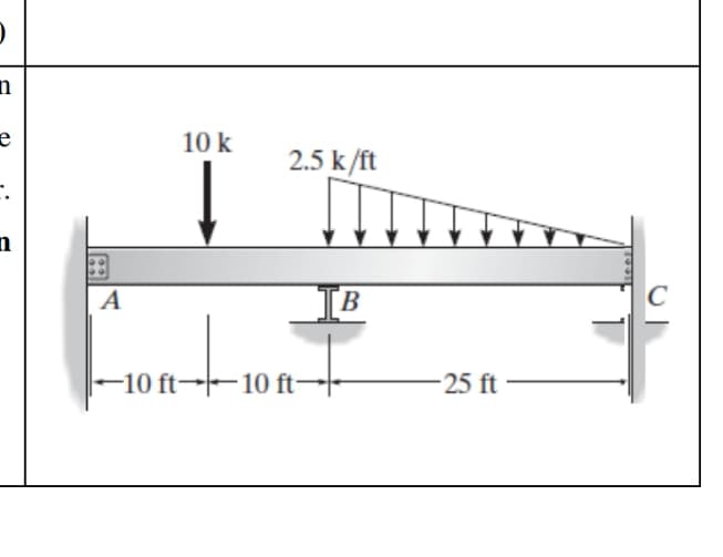 n
10 k
2.5 k/ft
n
A
IB
–-10 ft→–10 ft→|
25 ft
