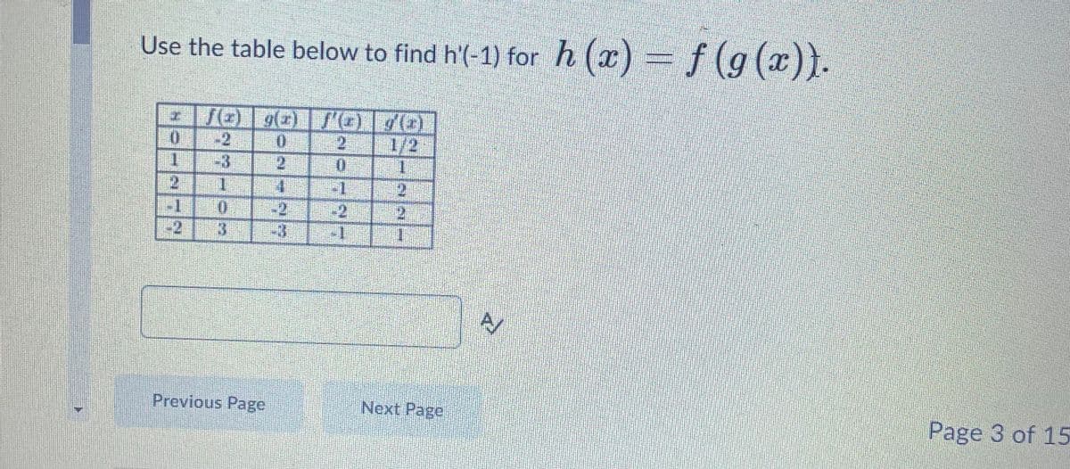 Use the table below to find h'(-1) for h (x) = f (g(x)).
f (g
2.
1/2
-2
-3
2.
-1
-1
21
-2
-3
-2.
-2
3.
Previous Page
Next Page
Page 3 of 15
一G1
