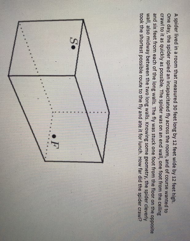 A spider lived in a room that measured 30 feet long by 12 feet wide by 12 feet high.
One day, the spider spied an incapacitated fly across the room, and of course wanted to
crawl to it as quickly as possible. The spider was on an end wall, one foot from the ceiling
and six feet from each of the long walls. The fly was stuck one foot from the floor on the opposite
wall, also midway between the two long walls. Knowing some geometry, the spider cleverly
took the shortest possible route to the fly and ate it for lunch. How far did the spider crawl?
S.
• F

