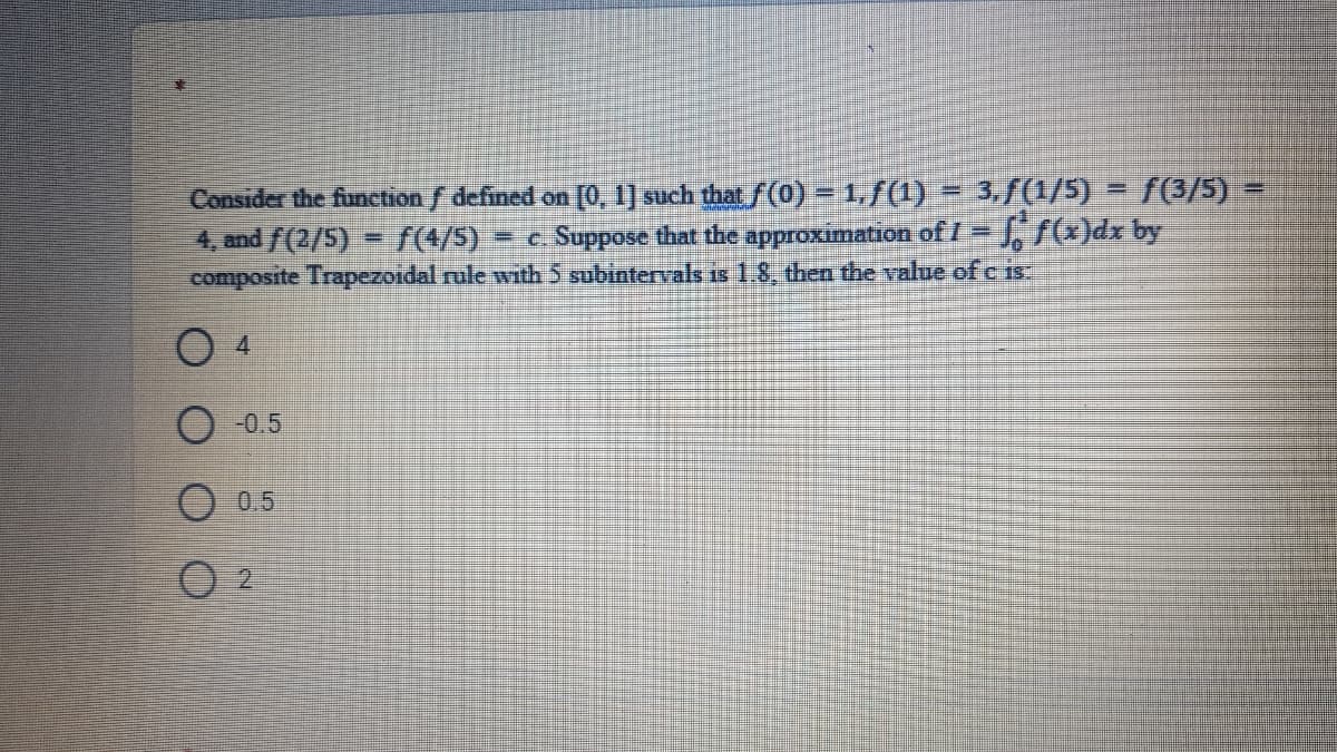 Consider the funetion f defined on [0, 1] such that (0) = 1,f(1) 3,/(1/5) = (6/5) :
4, and f(2/5)
composite Trapezoidal rule with 5 subintervals s 1.8, then the value of c is:
f(4/5)
= c. Suppose that the approximation of I =
f f(a)dx by
O 0.5
O 0.5
O 2
