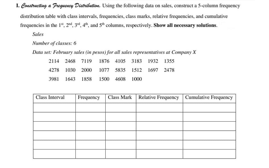 I. Constructing a Frequency Distributiou. Using the following data on sales, construct a 5-column frequency
distribution table with class intervals, frequencies, class marks, relative frequencies, and cumulative
frequencies in the 1", 2nd, 3rd, 4th, and 5th columns, respectively. Show all necessary solutions.
Sales
Number of classes: 6
Data set: February sales (in pesos) for all sales representatives at Company X
2114 2468 7119
1876 4105 3183
1932 1355
4278
1030 2000
1077 5835 1512
1697 2478
3981
1643 1858
1500 4608 1000
Class Interval
Frequency Class Mark Relative Frequency Cumulative Frequency
