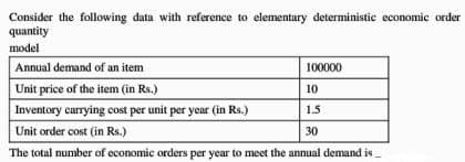 Consider the following data with reference to elementary deterministic economic order
quantity
model
Annual demand of an item
100000
Unit price of the item (in Rs.)
10
Inventory carrying cost per unit per year (in Rs.)
1.5
Unit order cost (in Rs.)
30
The total number of economic orders per year to meet the annual demand is