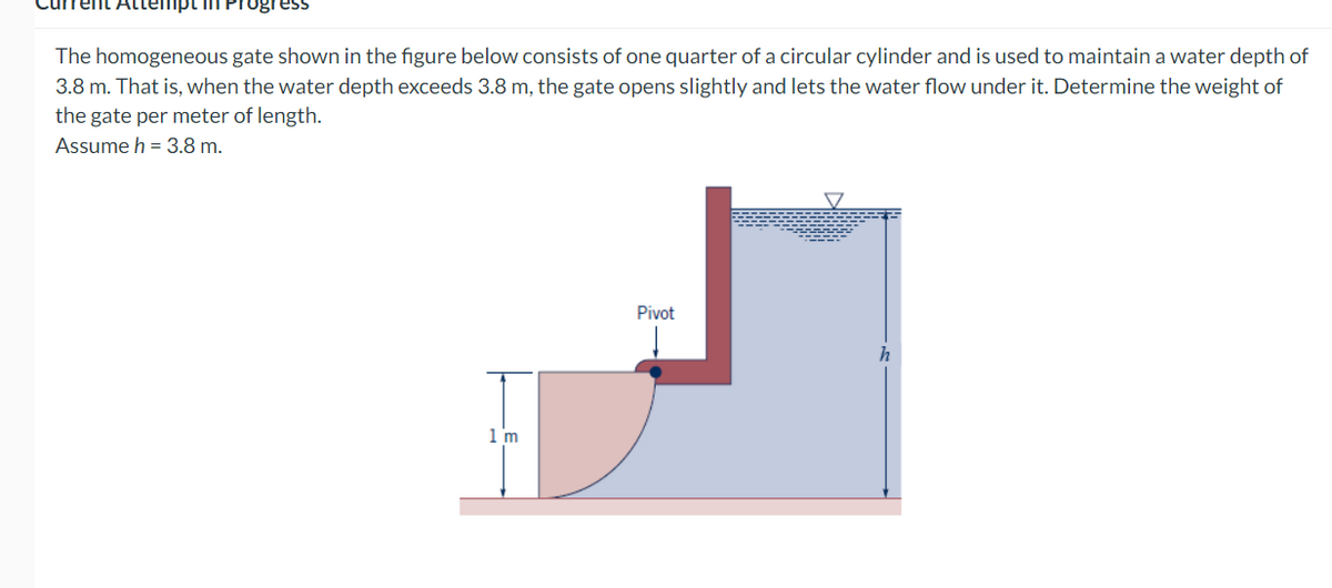 tempt in Progress
The homogeneous gate shown in the figure below consists of one quarter of a circular cylinder and is used to maintain a water depth of
3.8 m. That is, when the water depth exceeds 3.8 m, the gate opens slightly and lets the water flow under it. Determine the weight of
the gate per meter of length.
Assume h = 3.8 m.
1'm
Pivot