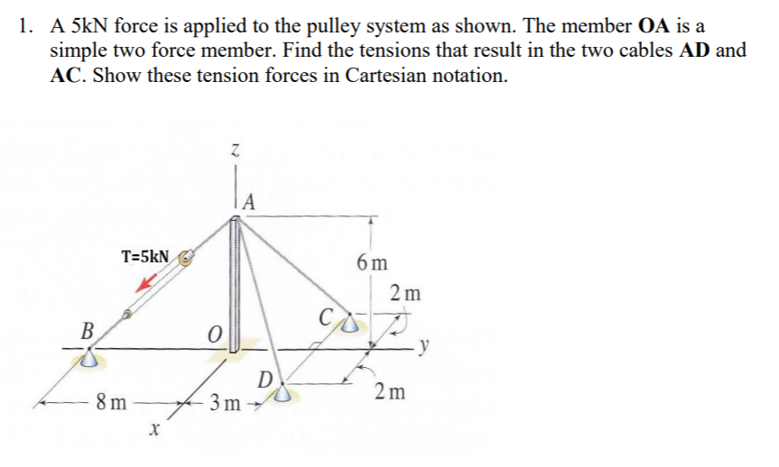1. A 5kN force is applied to the pulley system as shown. The member OA is a
simple two force member. Find the tensions that result in the two cables AD and
AC. Show these tension forces in Cartesian notation.
A
T=5kN
6 m
2 m
В
y
D
3 m
2 m
8 m
