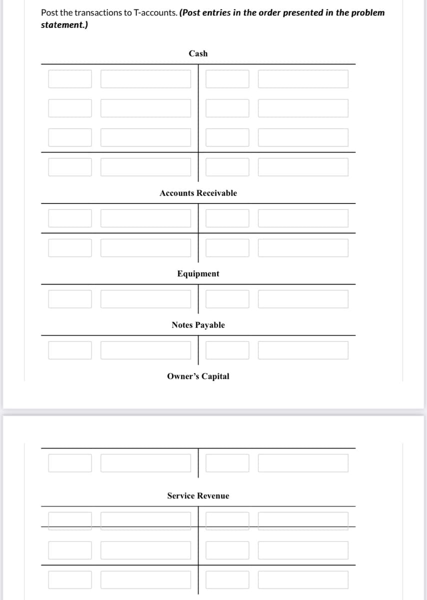 Post the transactions to T-accounts. (Post entries in the order presented in the problem
statement.)
Cash
Accounts Receivable
Equipment
Notes Payable
Owner's Capital
Service Revenue
