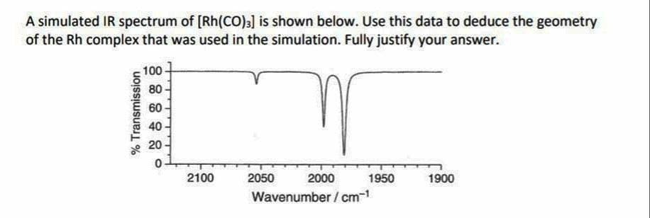 A simulated IR spectrum of [Rh(CO)3] is shown below. Use this data to deduce the geometry
of the Rh complex that was used in the simulation. Fully justify your answer.
% Transmission
100-
80
60
40
20
0-
2100
m
2050
2000
1950
Wavenumber /cm-¹
1900