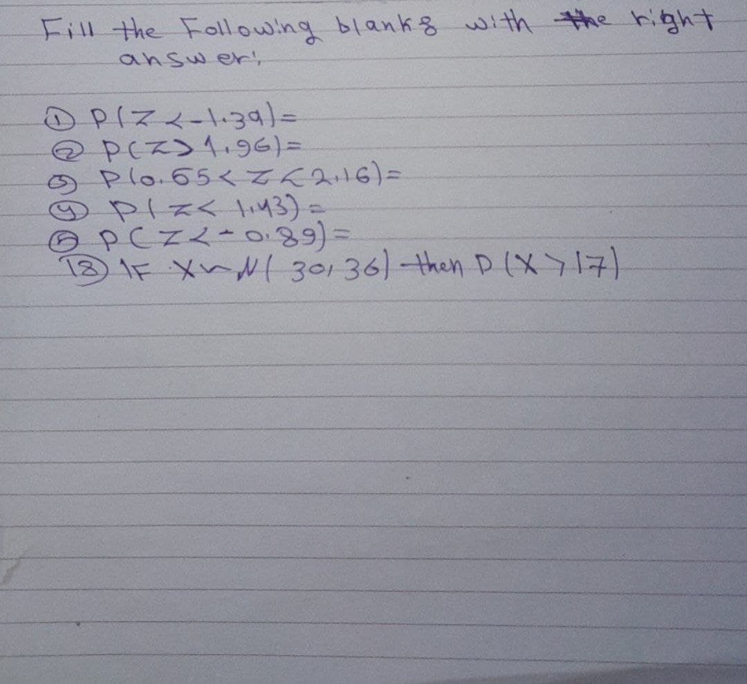 Fill the Following blanks with the right
answer!
DPIZ-1.39)=
@ P(Z > 1₁96) =
Plo. 65 < = < 2,16) =
9 Plz 1₁43) =
ⒸPC Z 2 - 0.89) =
13 IF X 301 36) then D (X>17)