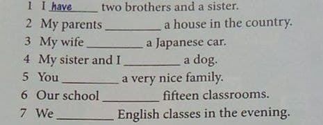 1 I have
two brothers and a sister.
2 My parents
a house in the country.
3 My wife
a Japanese car.
4 My sister and I
5 You
a dog.
a very nice family.
6 Our school
fifteen classrooms.
7 We
English classes in the evening.
