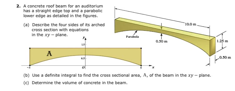 2. A concrete roof beam for an auditorium
has a straight edge top and a parabolic
lower edge as detailed in the figures.
(a) Describe the four sides of its arched
cross section with equations
in the xy - plane.
A
1.5
0.5
0
Parabola
0.50 m
10.0 m
(b) Use a definite integral to find the cross sectional area, A, of the beam in the xy - plane.
(c) Determine the volume of concrete in the beam.
1.25 m
0.50 m