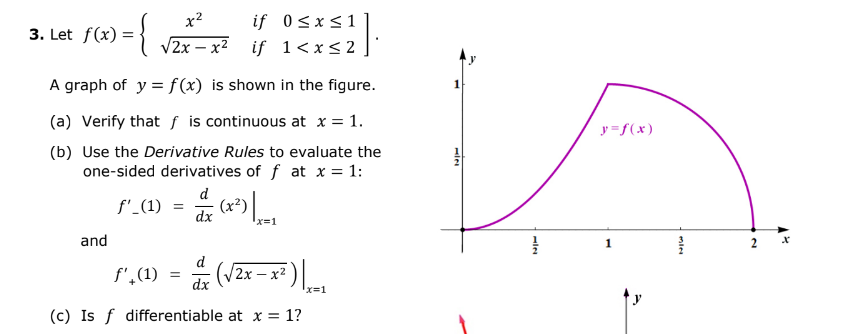 3. Let f(x) =
={
and
x²
if 0≤x≤ 1
√2x-x² if 1<x<2
A graph of y = f(x) is shown in the figure.
(a) Verify that f is continuous at x = 1.
(b) Use the Derivative Rules to evaluate the
one-sided derivatives of f at x = 1:
f'_(1) =
d (x²)),-1
dx
f(1) =
d
dx (v
=(√²x − x² ) | ₁₁
x=1
(c) Is f differentiable at x = 1?
MIN
y=f(x)
1
NIW