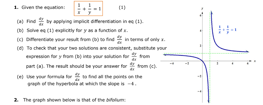 1. Given the equation:
1 1
+ -= 1
x y
(1)
(a) Find by applying implicit differentiation in eq (1).
dx
(b) Solve eq (1) explicitly for y as a function of x.
dy
(c) Differentiate your result from (b) to find in terms of only x.
dx
(d) To check that your two solutions are consistent, substitute your
expression for y from (b) into your solution for from
dy
dx
dy
part (a). The result should be your answer for from (c).
dx
(e) Use your formula for dy to find all the points on the
graph of the hyperbola at which the slope is -4.
dx
2. The graph shown below is that of the bifolium:
~
N
7
X
2
+
= 1
4