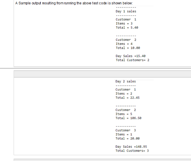 A Sample output resulting from running the above test code is shown below:
Day 1 sales
Customer
Items - 3
Total - 5.40
Customer 2
Items = 4
Total
= 10.00
Day Sales -15.4e
Total Customers- 2
Day 2 sales
.....
Customer 1
Items - 2
Total - 22.45
Customer 2
Items - 5
Total - 106.50
Customer 3
Items - 1
Total - 20.0e
Day Sales -148.95
Total Customers= 3
