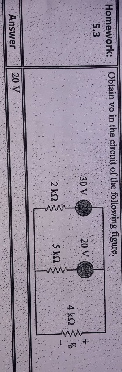 Homework:
Obtain vo in the circuit of the following figure.
5.3
30 V
20 V
4 kS2
2 k2
5 k2
Answer
20 V
