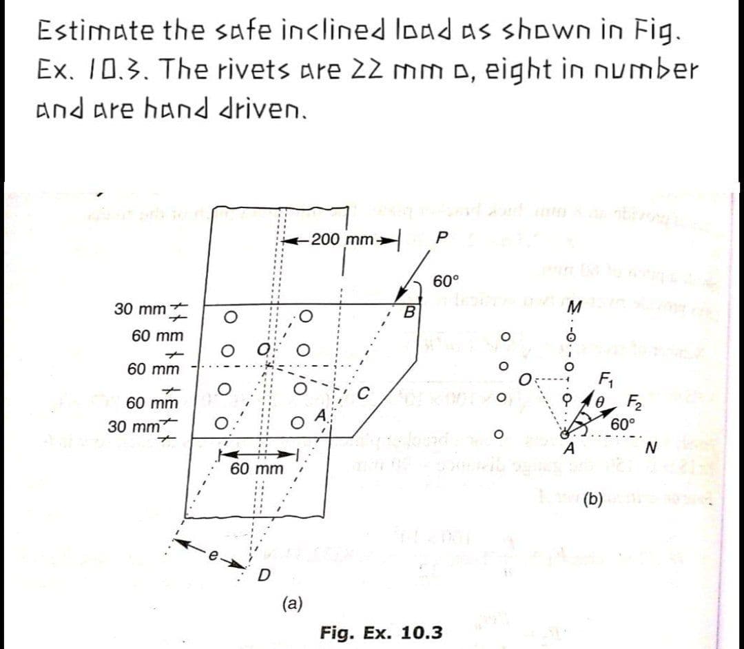 Estimate the safe inclined Ioad as shown in Fig.
Ex. 10.3. The rivets are 22 mm o, eight in number
and are hand driven.
200 mm>
P
60°
30 mm
B
60 mm
60 mm
F,
F2
60 mm
30 mm
60°
60 mm
(b)
(a)
Fig. Ex. 10.3
O O oO
O O
