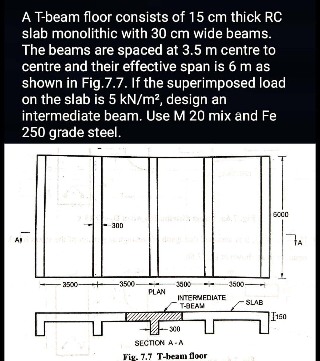 A T-beam floor consists of 15 cm thick RC
slab monolithic with 30 cm wide beams.
The beams are spaced at 3.5 m centre to
centre and their effective span is 6 m as
shown in Fig.7.7. If the superimposed load
on the slab is 5 kN/m2, design an
intermediate beam. Use M 20 mix and Fe
250 grade steel.
6000
300
IA
3500
-3500
3500-
3500
PLAN
INTERMEDIATE
SLAB
T-BEAM
[150
300
SECTION A - A
Fig. 7.7 T-beam floor
