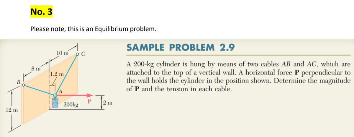 B
12 m
No. 3
Please note, this is an Equilibrium problem.
8 m
10 m
1.2 m
A
O C
200kg
P
2 m
SAMPLE PROBLEM 2.9
A 200-kg cylinder is hung by means of two cables AB and AC, which are
attached to the top of a vertical wall. A horizontal force P perpendicular to
the wall holds the cylinder in the position shown. Determine the magnitude
of P and the tension in each cable.