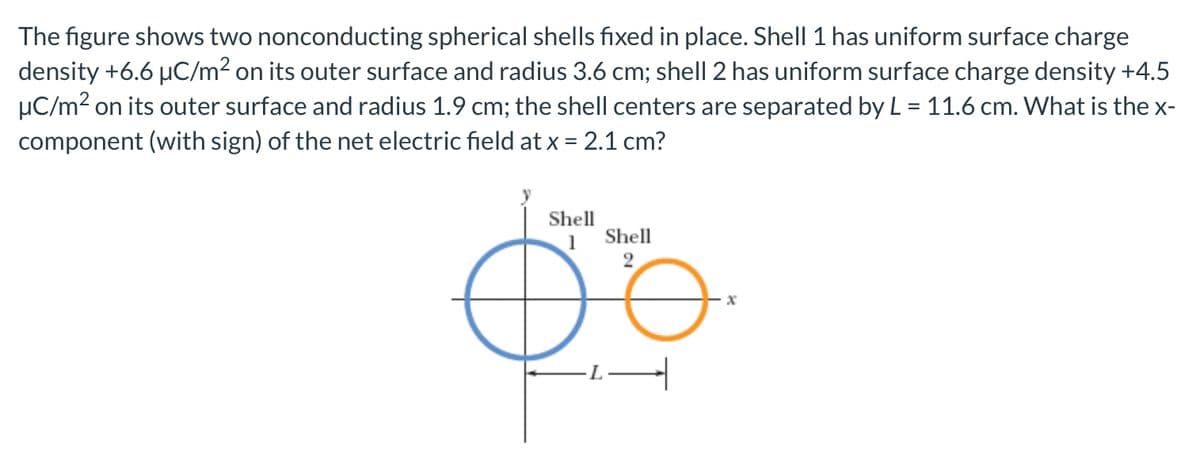 The figure shows two nonconducting spherical shells fixed in place. Shell 1 has uniform surface charge
density +6.6 µC/m² on its outer surface and radius 3.6 cm; shell 2 has uniform surface charge density +4.5
µC/m² on its outer surface and radius 1.9 cm; the shell centers are separated by L = 11.6 cm. What is the x-
component (with sign) of the net electric field at x = 2.1 cm?
Shell
1
Shell
2
x