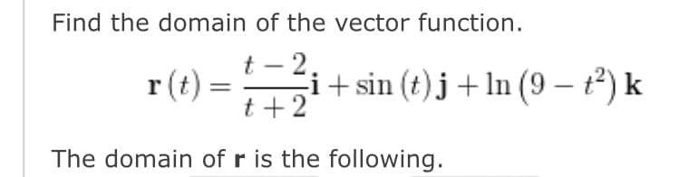 Find the domain of the vector function.
t-2.
r(t) = + =12/1
t+2
The domain of r is the following.
i+sin (t)j + ln (9 — t²) k