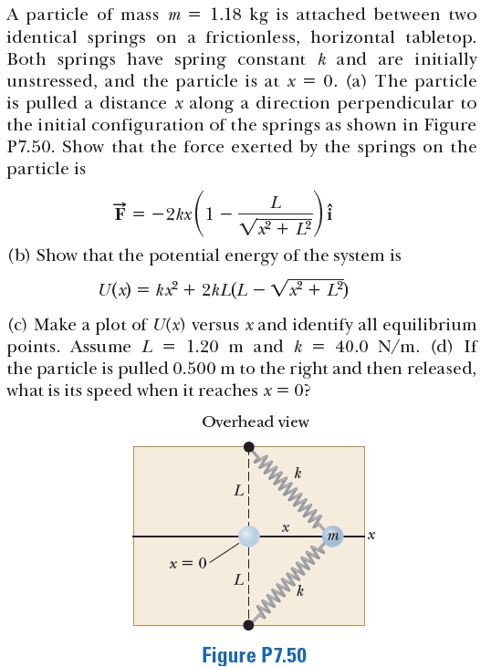 A particle of mass m =
identical springs on a frictionless, horizontal tabletop.
Both springs have spring constant k and are initially
unstressed, and the particle is at x = 0. (a) The particle
is pulled a distance x along a direction perpendicular to
the initial configuration of the springs as shown in Figure
P7.50. Show that the force exerted by the springs on the
particle is
1.18 kg is attached between two
2(1 -)
L
F = -2kx| 1
V + I?,
(b) Show that the potential energy of the system is
U(x) = kx + 2kL(L – V + L)
(c) Make a plot of U(x) versus x and identify all equilibrium
points. Assume L = 1.20 m and k = 40.0 N/m. (d) If
the particle is pulled 0.500 m to the right and then released,
what is its speed when it reaches x = 0?
Overhead view
m
x = 0
Figure P7.50
