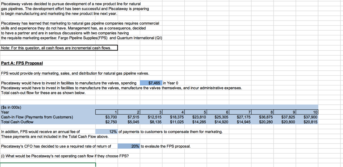Piscataway valves decided to pursue development of a new product line for natural
gas pipelines. The development effort has been successful and Piscataway is preparing
to begin manufacturing and marketing the new product line next year.
Piscataway has learned that marketing to natural gas pipeline companies requires commercial
skills and experience they do not have. Management has, as a consequence, decided
to have a partner and are in serious discussions with two companies having
the requisite marketing expertise: Fargo Pipeline Supplies (FPS) and Quantum International (QI)
Note: For this question, all cash flows are incremental cash flows.
Part A: FPS Proposal
FPS would provide only marketing, sales, and distribution for natural gas pipeline valves.
Piscataway would have to invest in faciliites to manufacture the valves, spending $7,465 in Year 0
Piscataway would have to invest in facilites to manufacture the valves, manufacture the valves themselves, and incur administrative expenses.
Total cash-out fllow for these are as shown below.
($s in 000s)
Year
Cash-In Flow (Payments from Customers)
Total Cash Outflow
2
$7,515
3
$12,515
$8,135
$5,045
12% of payments to customers to compensate them for marketing.
1
$3,700
$2,750
In addition, FPS would receive an annual fee of
These payments are not included in the Total Cash Flow above.
Piscataway's CFO has decided to use a required rate of return of
(i) What would be Piscataway's net operating cash flow if they choose FPS?
4
5
6
7
$18,375 $23,810 $25,305 $27,175
$11,025 $14,285 $14,920 $14,945
20% to evalaute the FPS proposal.
8
9
$37,825
$36,875
$20,280 $20,800
10
$37,900
$20,815