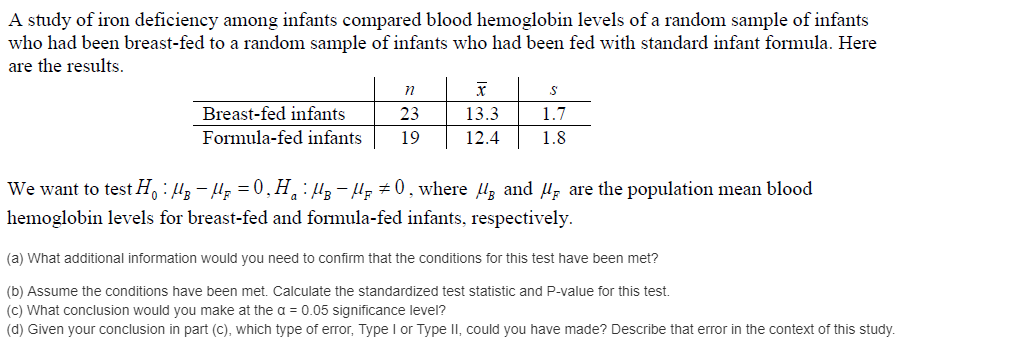 A study of iron deficiency among infants compared blood hemoglobin levels of a random sample of infants
who had been breast-fed to a random sample of infants who had been fed with standard infant formula. Here
are the results.
Breast-fed infants
Formula-fed infants
23
13.3
1.7
19
12.4
1.8
We want to test H,:µz - µ; = 0, H,:H3- Hp ±0, where lz and H, are the population mean blood
hemoglobin levels for breast-fed and formula-fed infants, respectively.
(a) What additional information would you need to confirm that the conditions for this test have been met?
(b) Assume the conditions have been met. Calculate the standardized test statistic and P-value for this test.
(C) What conclusion would you make at the a = 0.05 significance level?
(d) Given your conclusion in part (c), which type of error, Type I or Type II, could you have made? Describe that error in the context of this study.
