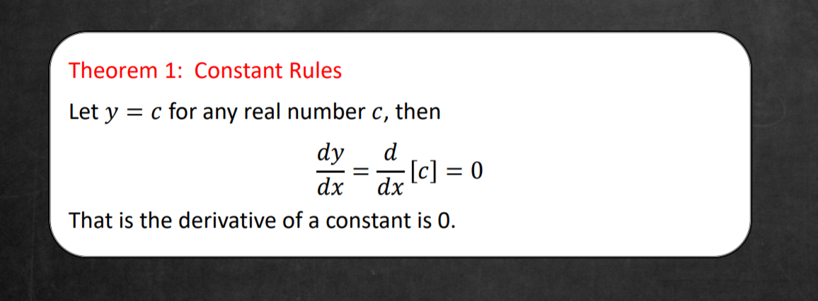 Theorem 1: Constant Rules
Let y = c for any real number c, then
dy
d
[c] = 0
dx
dx
That is the derivative of a constant is 0.
